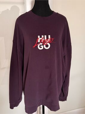 HUGO Men's Deep Purple Crewneck with Red & White Logo